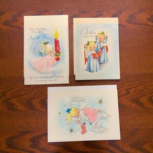 Unused Vintage Hallmark Christmas Greeting Cards Angels Pink Gold MCM- Lot Of 3